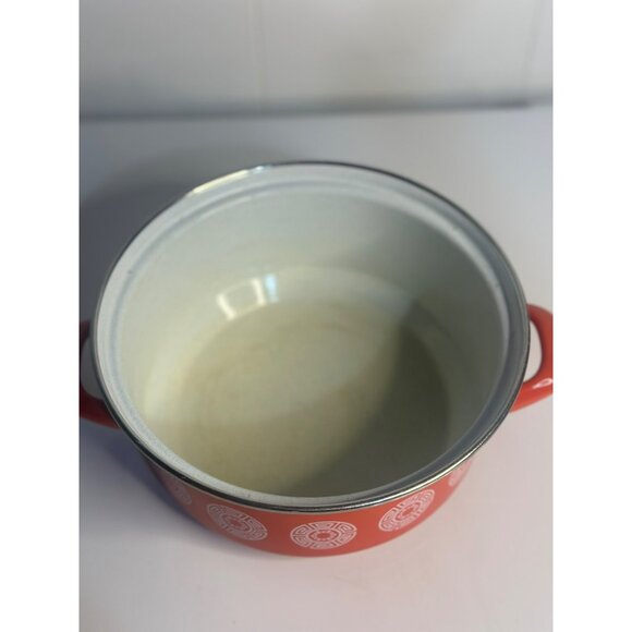 VTG Epicure Enamelware Stock Pot - 6" Orange w/ Wooden Knob Lid Retro MCM - Picture 5 of 7